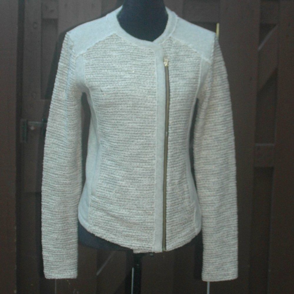 Lucky Brand S Cream & Gold Side Zip Moto Jacket